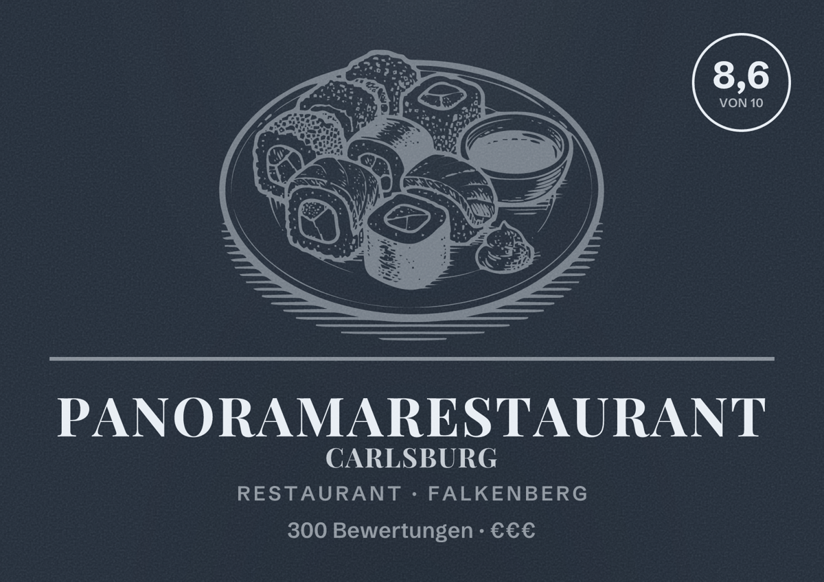 Illustriertes Poster von Panoramarestaurant Carlsburg, Restaurant in Falkenberg: Bewertung 8,6 von 10 aus 300 Bewertungen, Preisniveau €€€