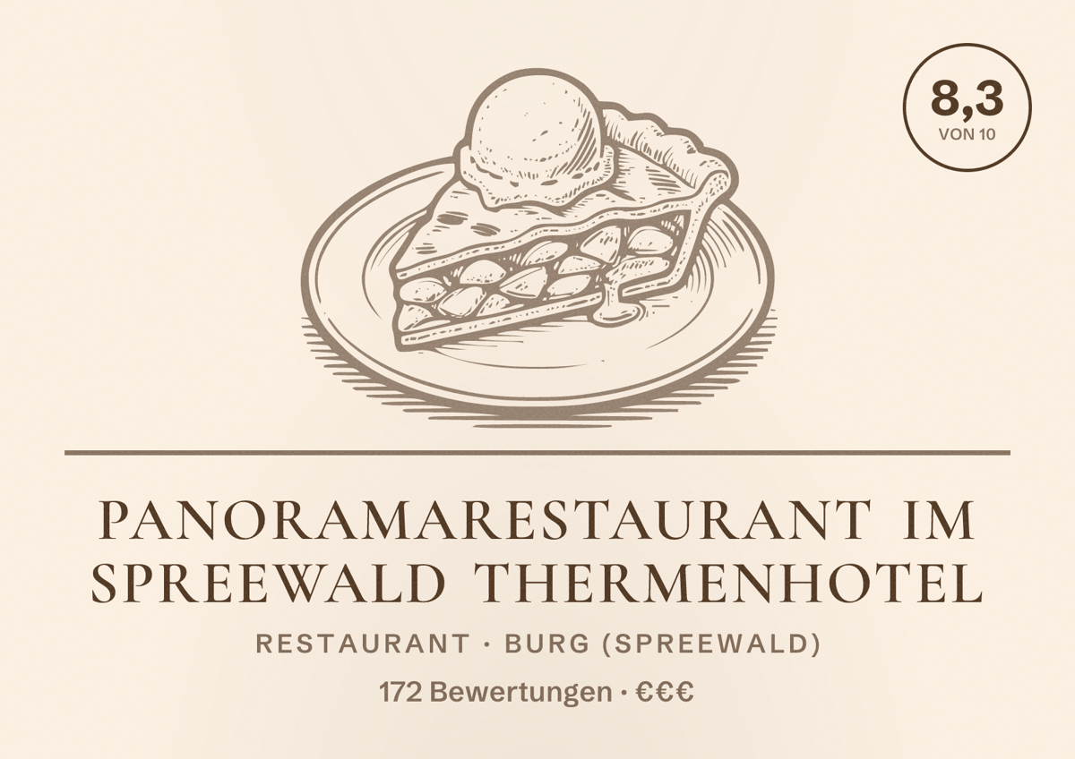 Illustriertes Poster von PanoramaRestaurant im Spreewald Thermenhotel, Restaurant in Burg (Spreewald): Bewertung 8,3 von 10 aus 172 Bewertungen, Preisniveau €€€