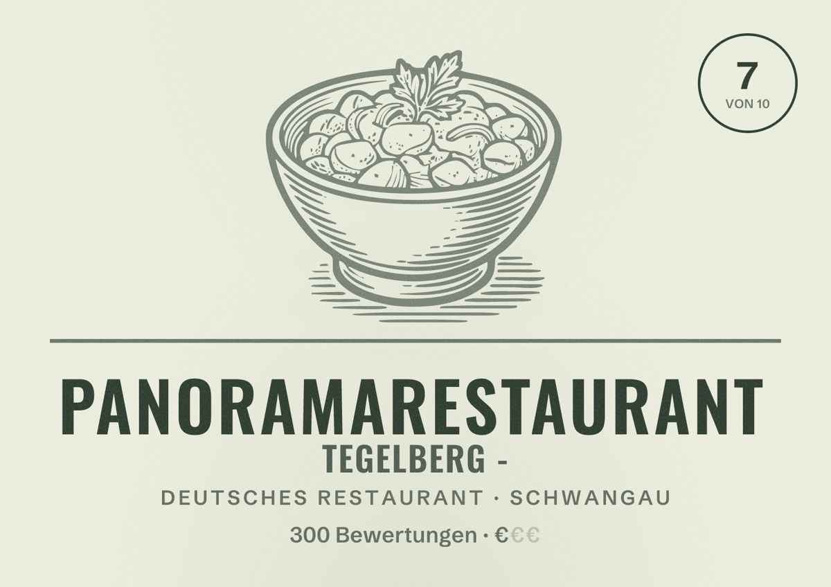 Illustriertes Poster von Panoramarestaurant Tegelberg -, Deutsches Restaurant in Schwangau: Bewertung 7 von 10 aus 300 Bewertungen, Preisniveau €