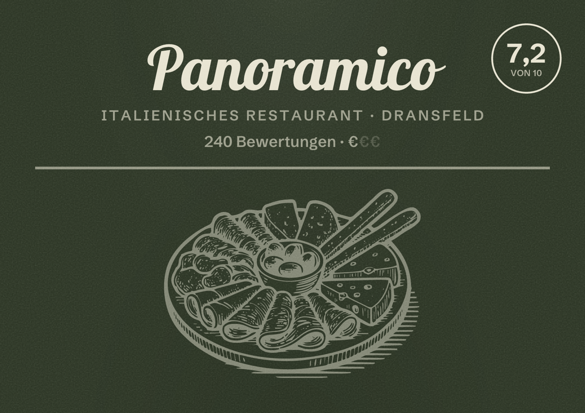 Illustriertes Poster von Panoramico, Italienisches Restaurant in Dransfeld: Bewertung 7,2 von 10 aus 240 Bewertungen, Preisniveau €