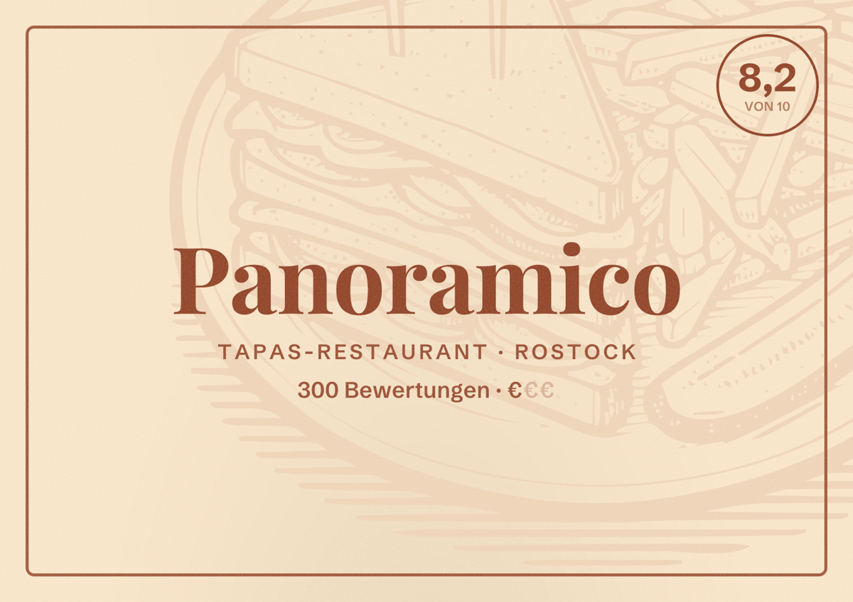 Illustriertes Poster von Panoramico, Tapas-Restaurant in Rostock: Bewertung 8,2 von 10 aus 300 Bewertungen, Preisniveau €
