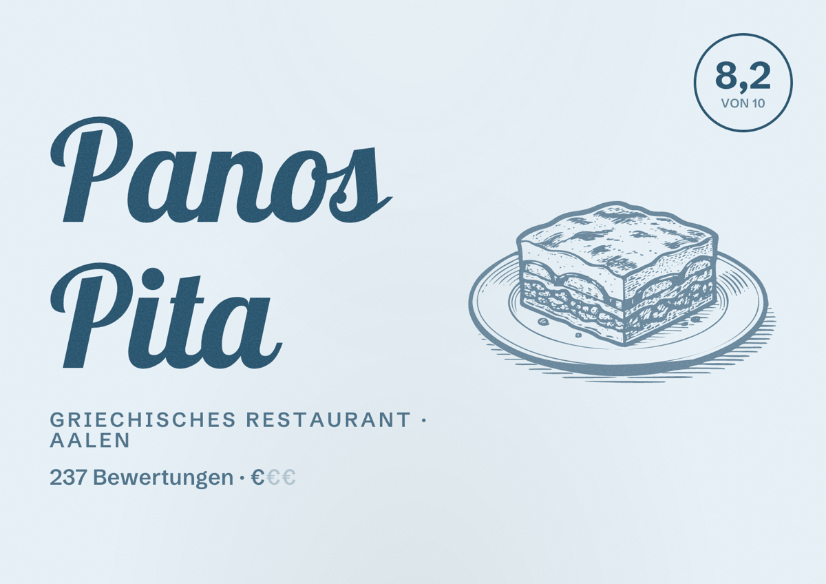 Illustriertes Poster von Panos Pita, Griechisches Restaurant in Aalen: Bewertung 8,2 von 10 aus 237 Bewertungen, Preisniveau €
