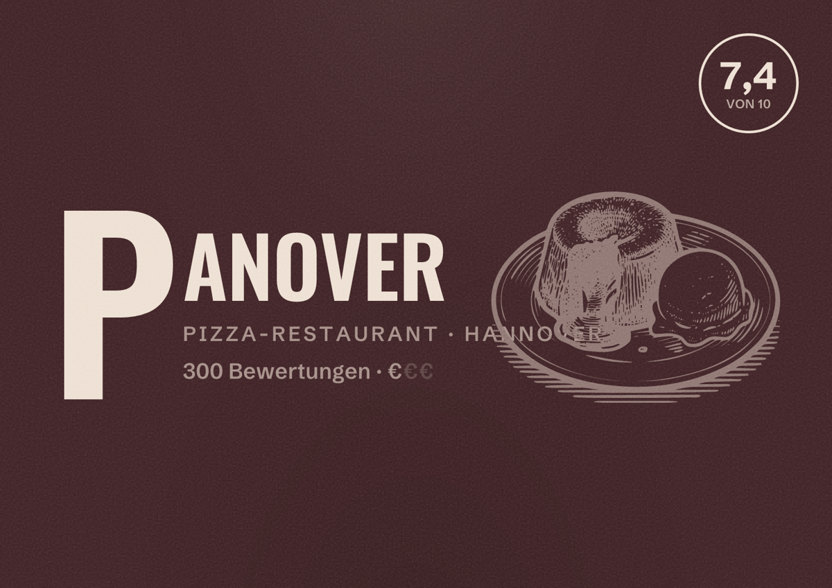 Illustriertes Poster von PANOVER, Pizza-Restaurant in Hannover: Bewertung 7,4 von 10 aus 300 Bewertungen, Preisniveau €