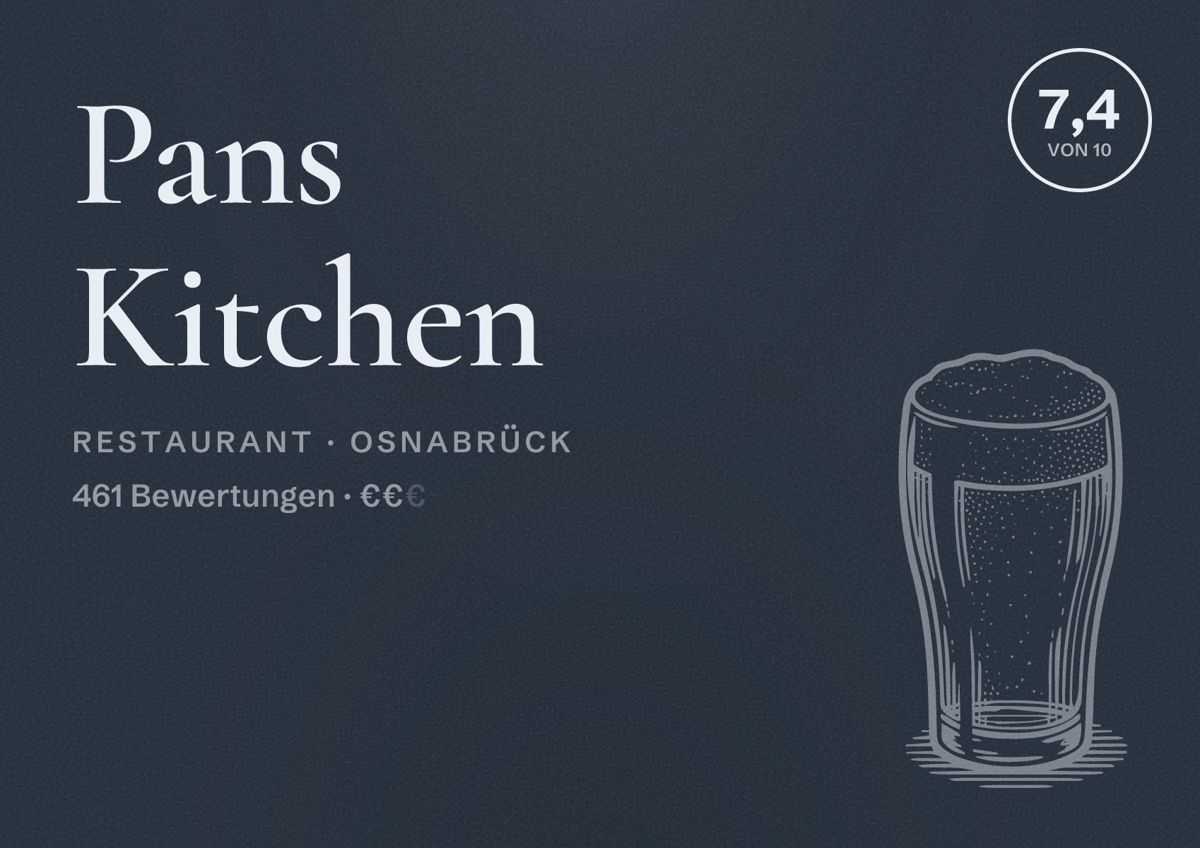 Illustriertes Poster von Pans Kitchen, Restaurant in Osnabrück: Bewertung 7,4 von 10 aus 461 Bewertungen, Preisniveau €€