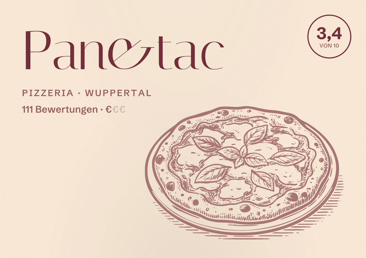 Illustriertes Poster von Pan&tac, Pizzeria in Wuppertal: Bewertung 3,4 von 10 aus 111 Bewertungen, Preisniveau €