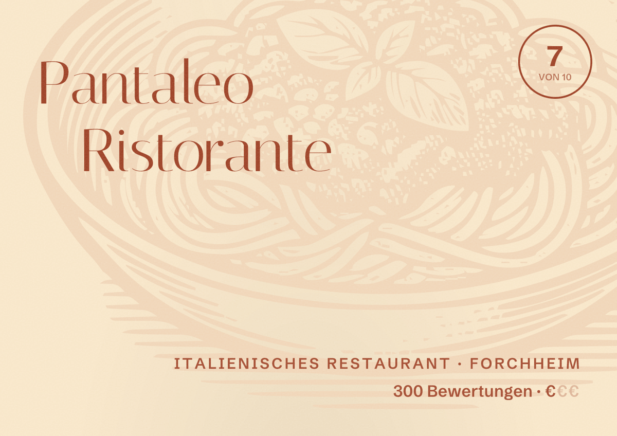Illustriertes Poster von Pantaleo Ristorante, Italienisches Restaurant in Forchheim: Bewertung 7 von 10 aus 300 Bewertungen, Preisniveau €