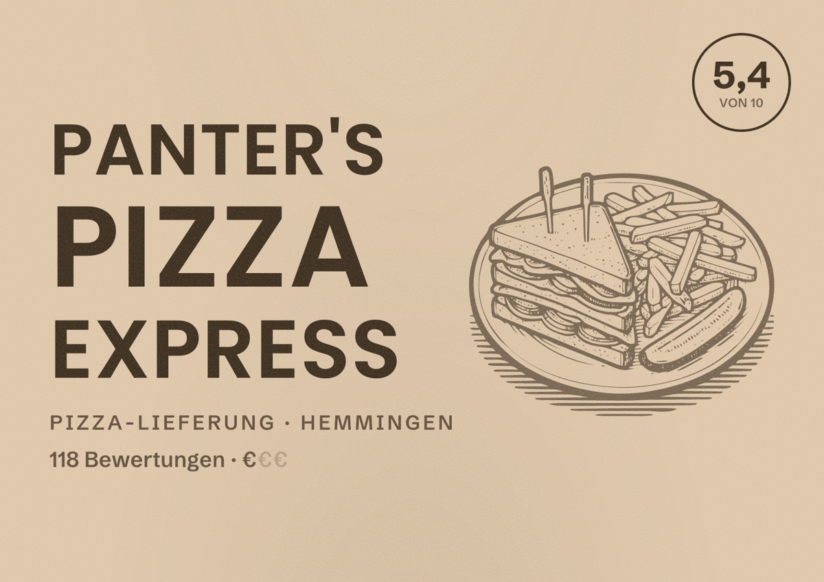 Illustriertes Poster von Panter's Pizza Express, Pizza-Lieferung in Hemmingen: Bewertung 5,4 von 10 aus 118 Bewertungen, Preisniveau €