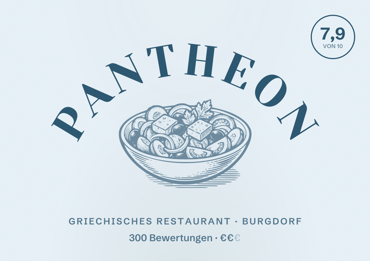 Illustriertes Poster von Pantheon, Griechisches Restaurant in Burgdorf: Bewertung 7,9 von 10 aus 300 Bewertungen, Preisniveau €€