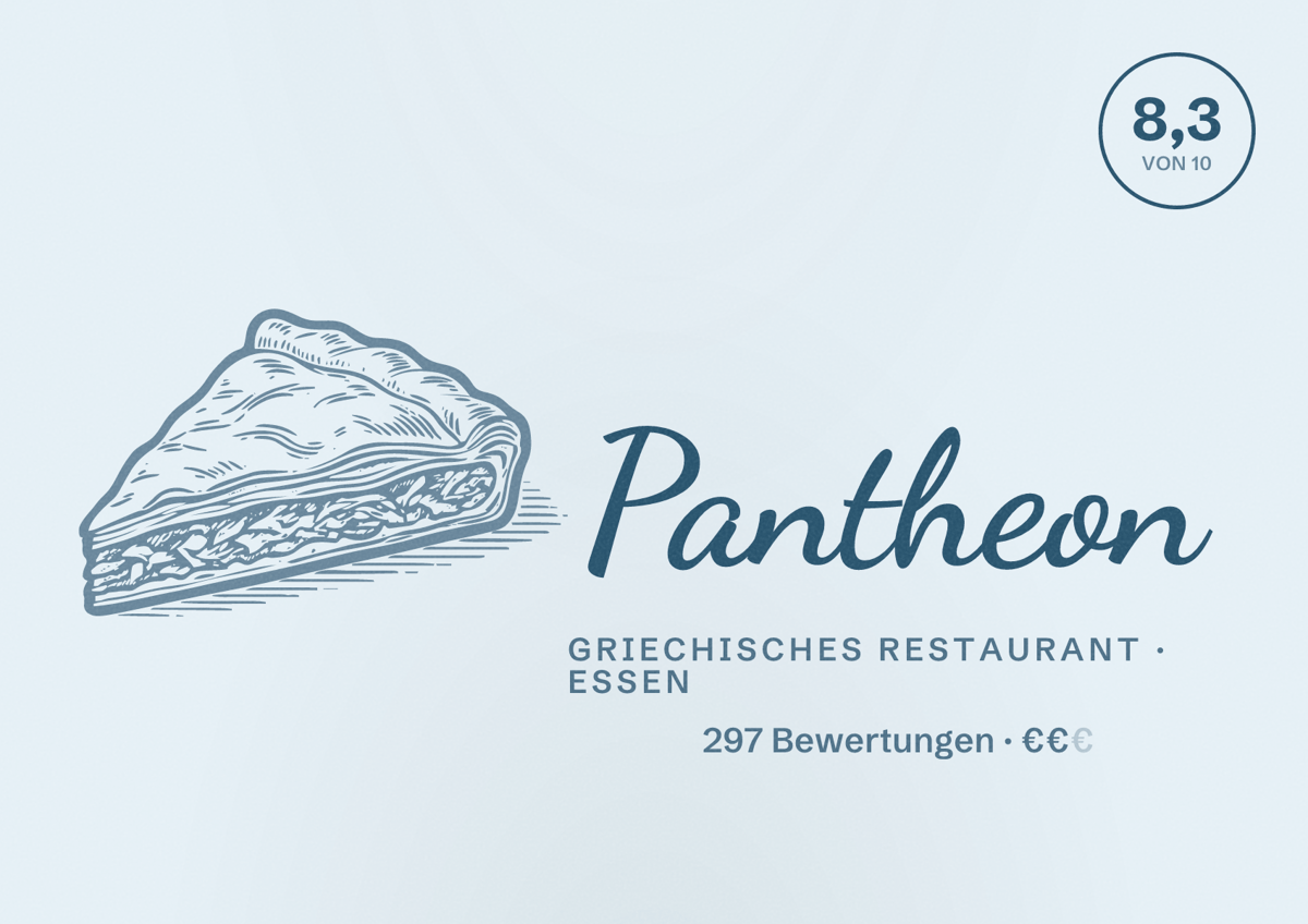 Illustriertes Poster von Pantheon, Griechisches Restaurant in Essen: Bewertung 8,3 von 10 aus 297 Bewertungen, Preisniveau €€