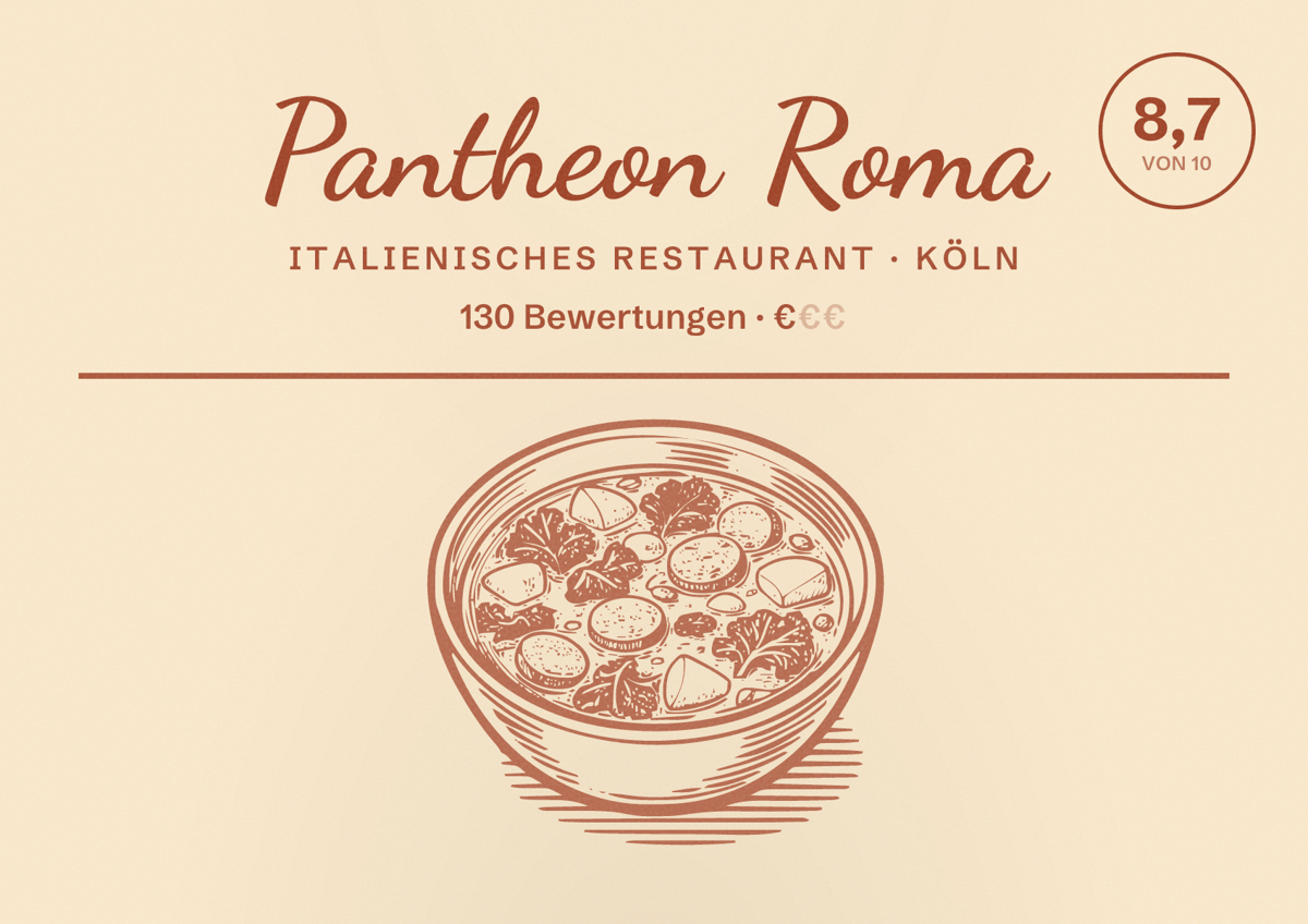 Illustriertes Poster von Pantheon Roma, Italienisches Restaurant in Köln: Bewertung 8,7 von 10 aus 130 Bewertungen, Preisniveau €