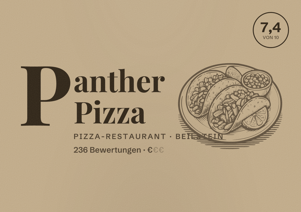 Illustriertes Poster von Panther Pizza, Pizza-Restaurant in Beilstein: Bewertung 7,4 von 10 aus 236 Bewertungen, Preisniveau €
