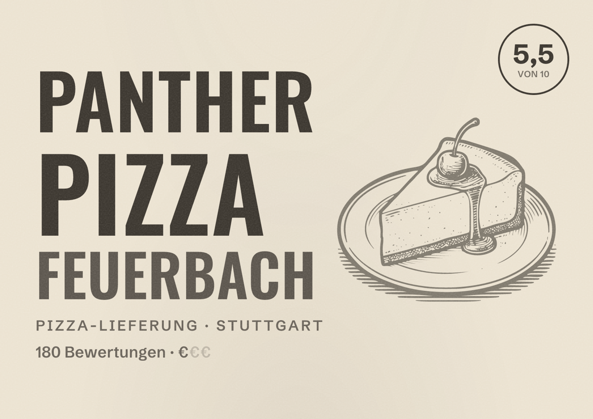 Illustriertes Poster von Panther Pizza Feuerbach, Pizza-Lieferung in Stuttgart: Bewertung 5,5 von 10 aus 180 Bewertungen, Preisniveau €