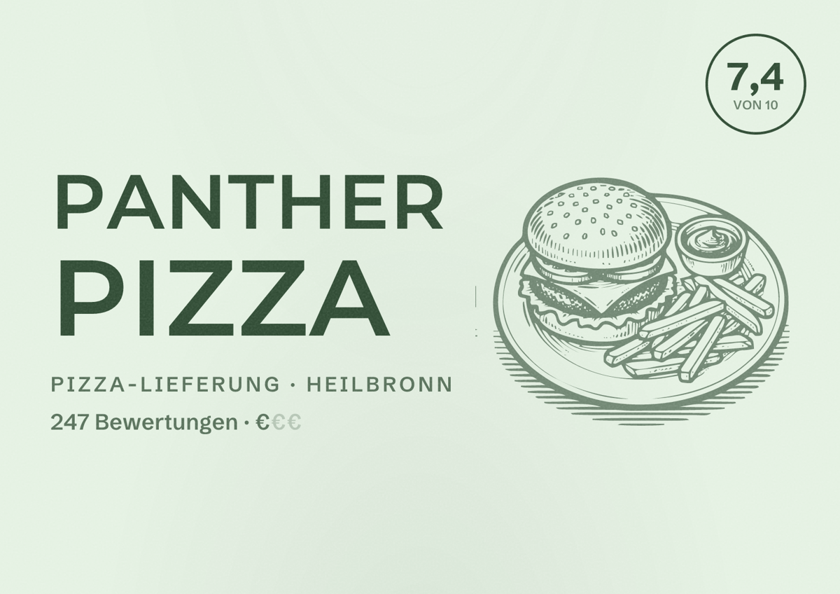 Illustriertes Poster von Panther Pizza, Pizza-Lieferung in Heilbronn: Bewertung 7,4 von 10 aus 247 Bewertungen, Preisniveau €