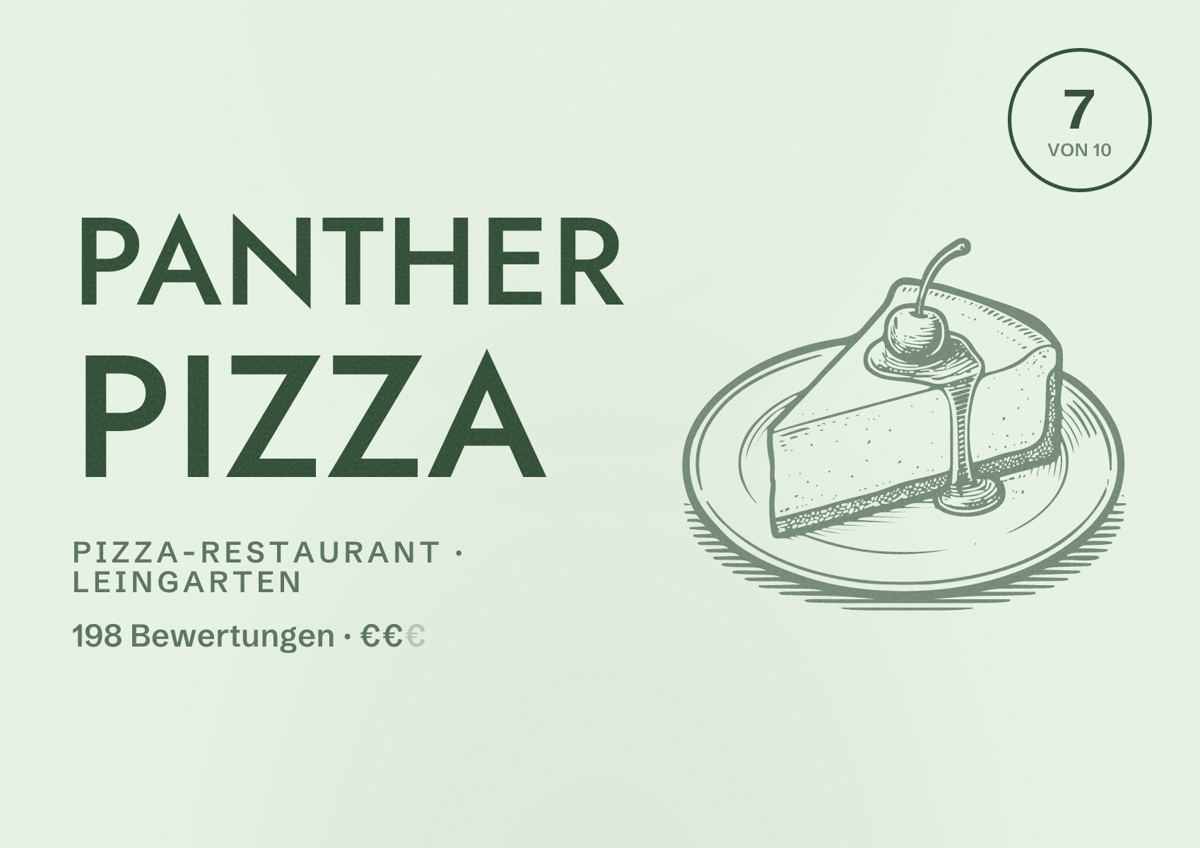 Illustriertes Poster von Panther Pizza, Pizza-Restaurant in Leingarten: Bewertung 7 von 10 aus 198 Bewertungen, Preisniveau €€