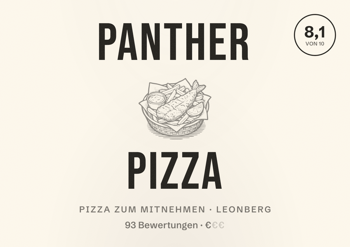 Illustriertes Poster von Panther Pizza, Pizza zum Mitnehmen in Leonberg: Bewertung 8,1 von 10 aus 93 Bewertungen, Preisniveau €