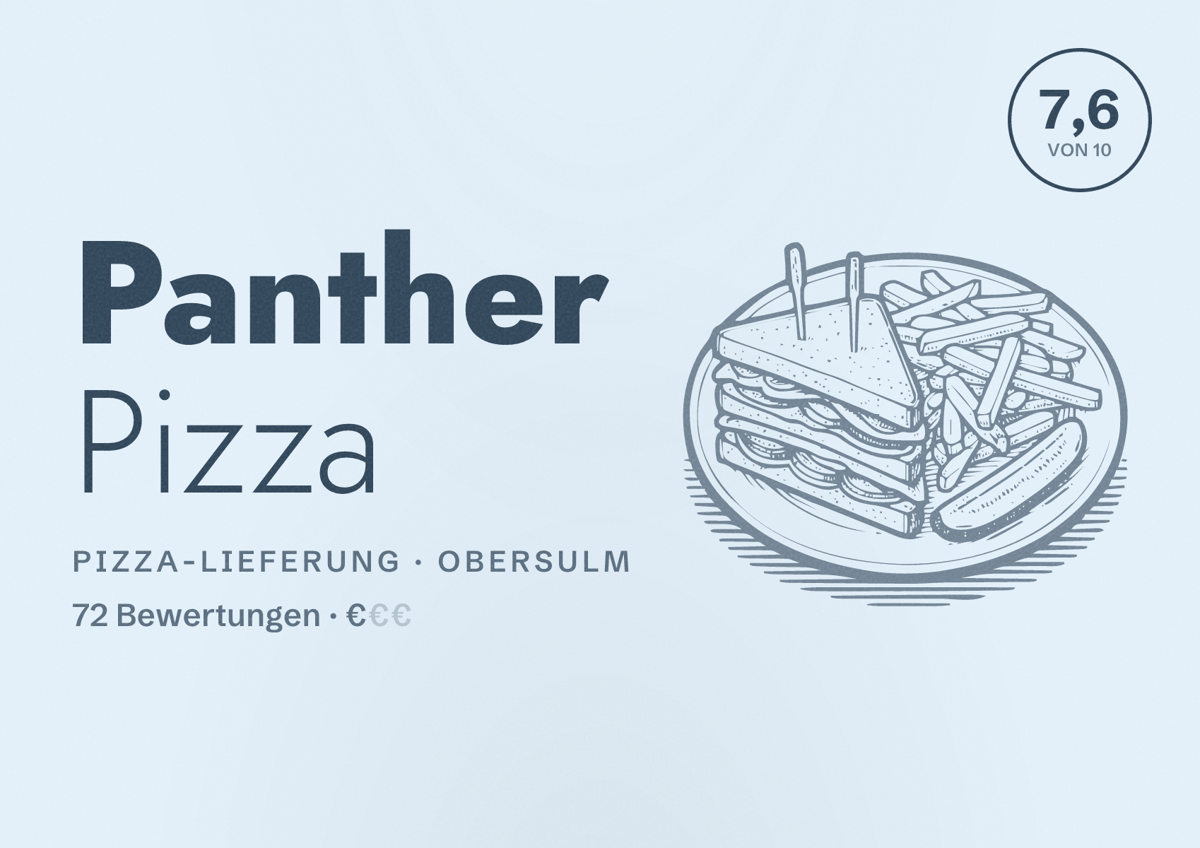 Illustriertes Poster von Panther Pizza, Pizza-Lieferung in Obersulm: Bewertung 7,6 von 10 aus 72 Bewertungen, Preisniveau €