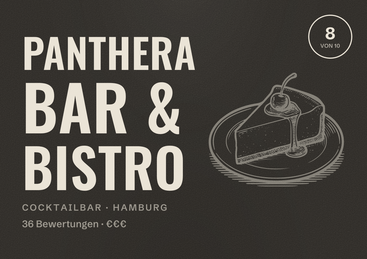 Illustriertes Poster von Panthera Bar & Bistro, Cocktailbar in Hamburg: Bewertung 8 von 10 aus 36 Bewertungen, Preisniveau €€€