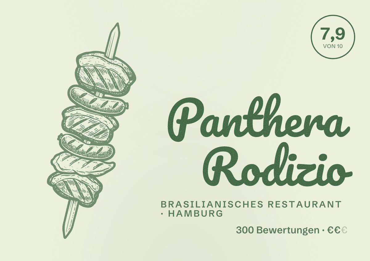 Illustriertes Poster von Panthera Rodizio, Brasilianisches Restaurant in Hamburg: Bewertung 7,9 von 10 aus 300 Bewertungen, Preisniveau €€