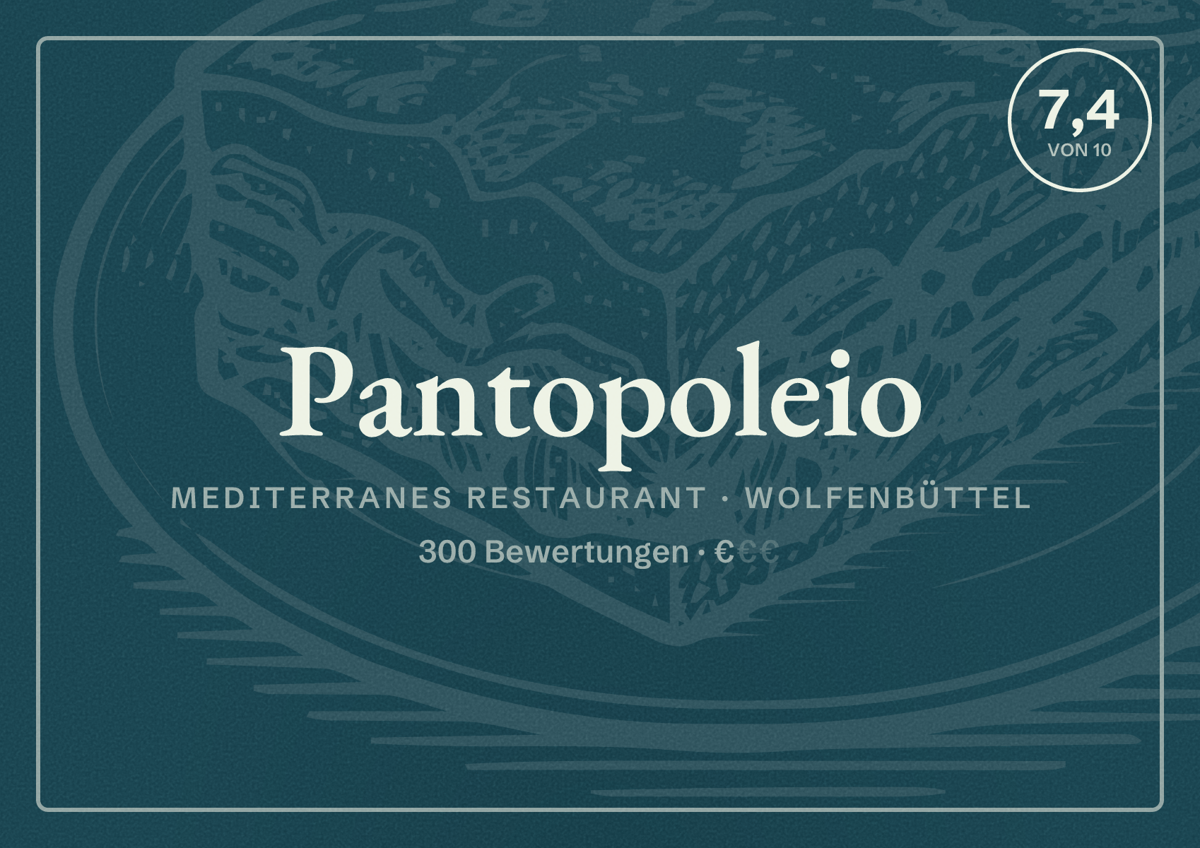 Illustriertes Poster von Pantopoleio, Mediterranes Restaurant in Wolfenbüttel: Bewertung 7,4 von 10 aus 300 Bewertungen, Preisniveau €