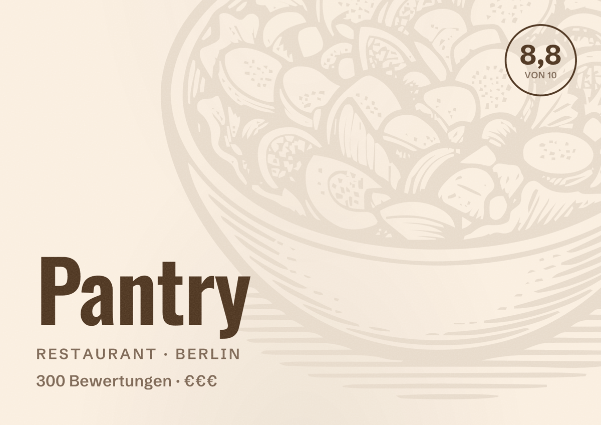 Illustriertes Poster von Pantry, Restaurant in Berlin: Bewertung 8,8 von 10 aus 300 Bewertungen, Preisniveau €€€