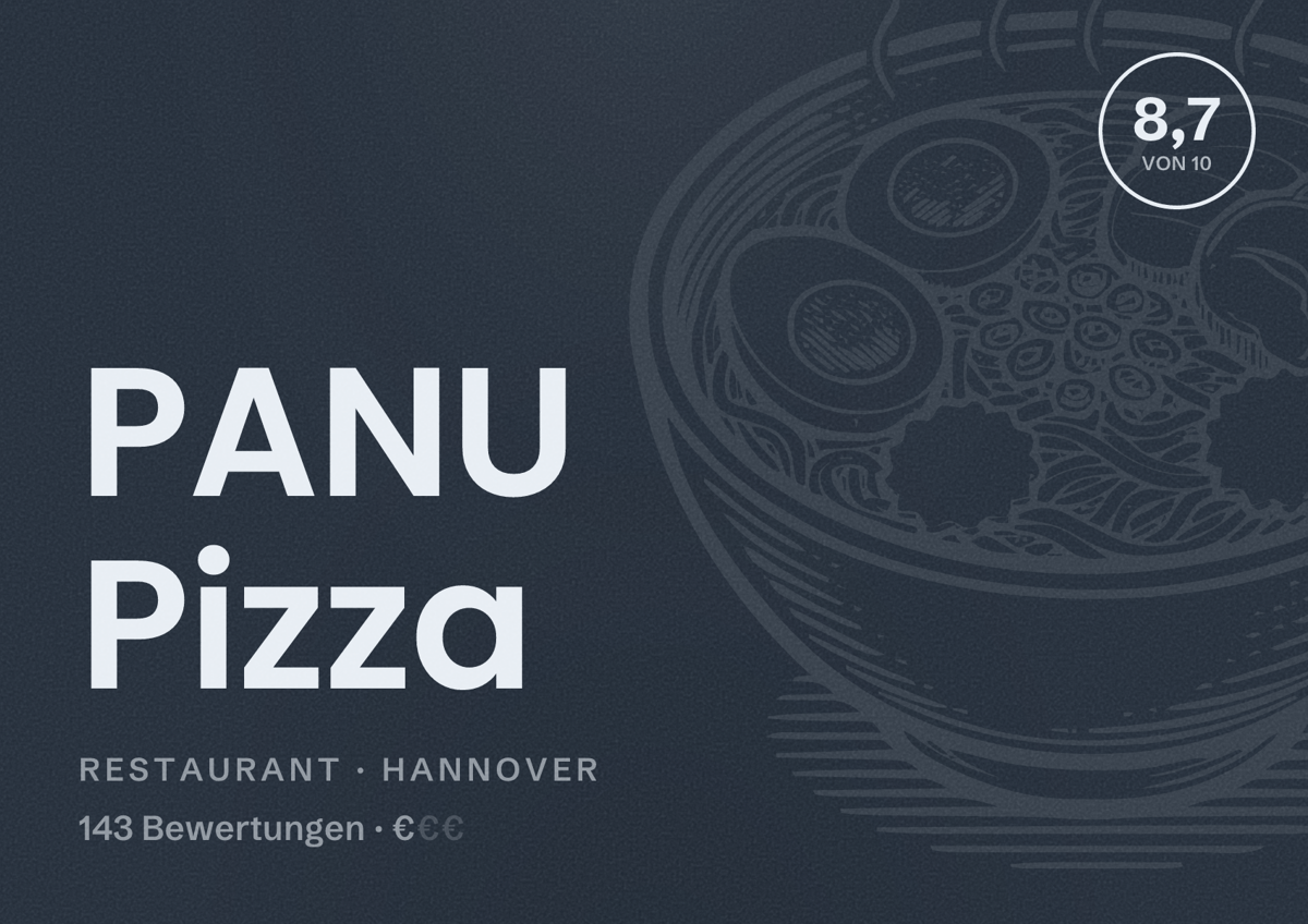 Illustriertes Poster von PANU Pizza, Restaurant in Hannover: Bewertung 8,7 von 10 aus 143 Bewertungen, Preisniveau €