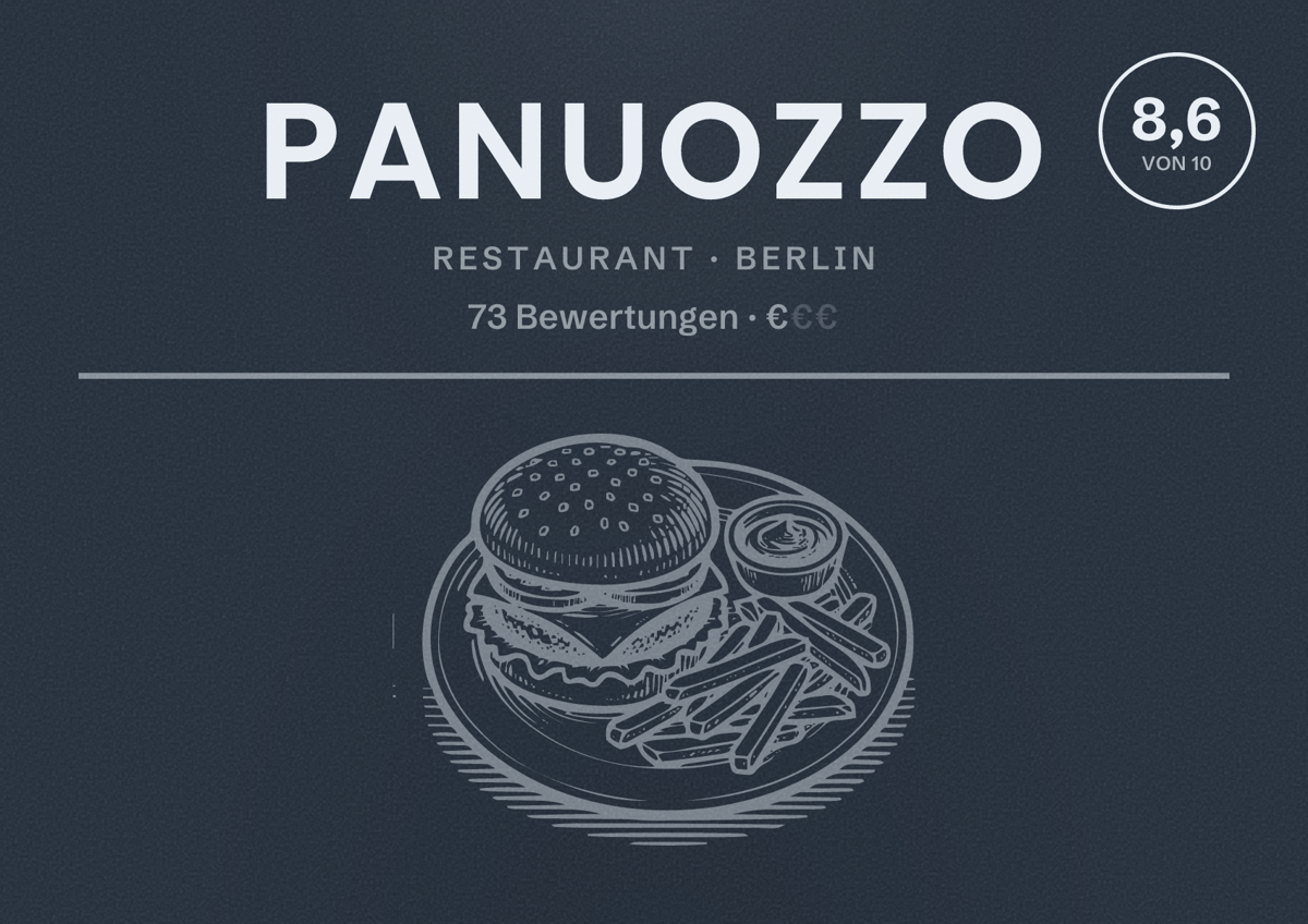 Illustriertes Poster von Panuozzo, Restaurant in Berlin: Bewertung 8,6 von 10 aus 73 Bewertungen, Preisniveau €
