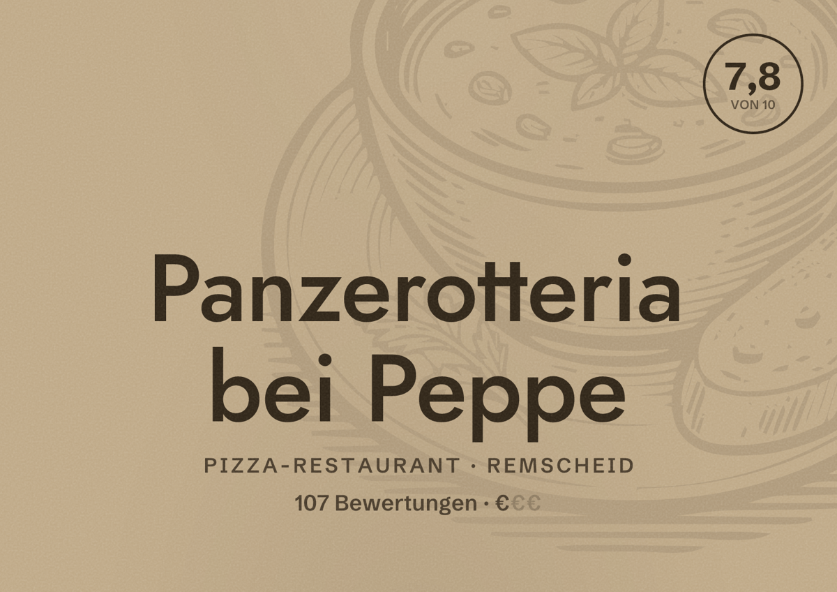 Illustriertes Poster von Panzerotteria bei Peppe, Pizza-Restaurant in Remscheid: Bewertung 7,8 von 10 aus 107 Bewertungen, Preisniveau €