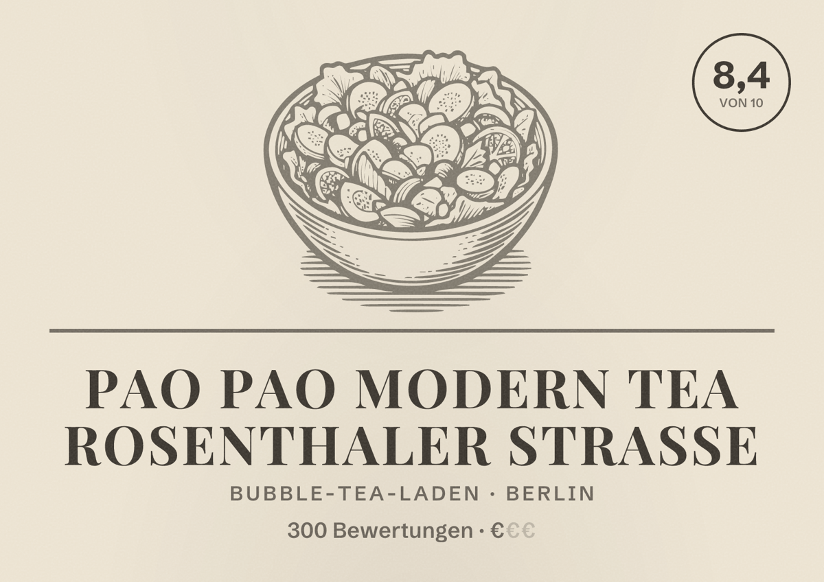 Illustriertes Poster von Pao Pao Modern Tea Rosenthaler Straße, Bubble-Tea-Laden in Berlin: Bewertung 8,4 von 10 aus 300 Bewertungen, Preisniveau €