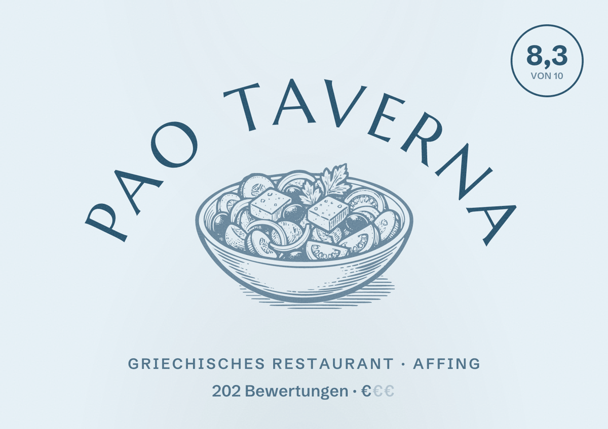 Illustriertes Poster von Pao Taverna, Griechisches Restaurant in Affing: Bewertung 8,3 von 10 aus 202 Bewertungen, Preisniveau €