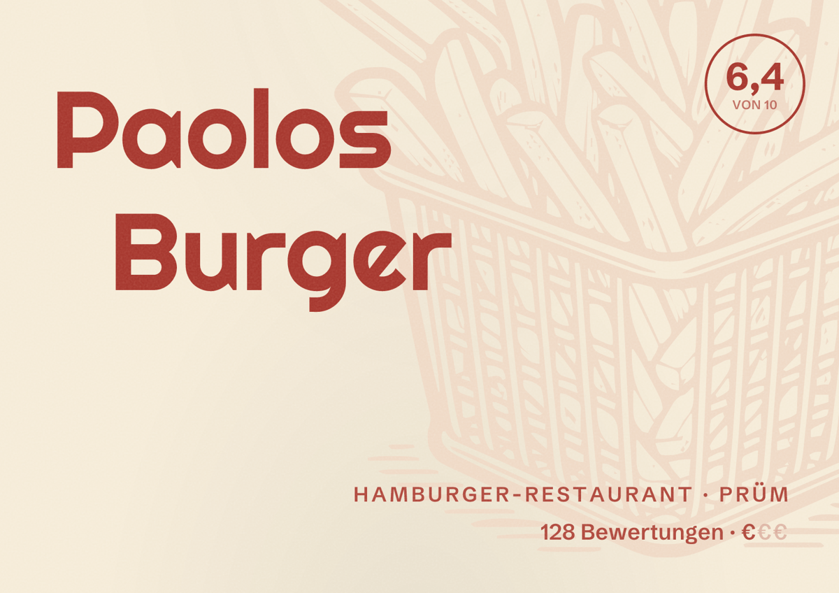 Illustriertes Poster von Paolos Burger, Hamburger-Restaurant in Prüm: Bewertung 6,4 von 10 aus 128 Bewertungen, Preisniveau €