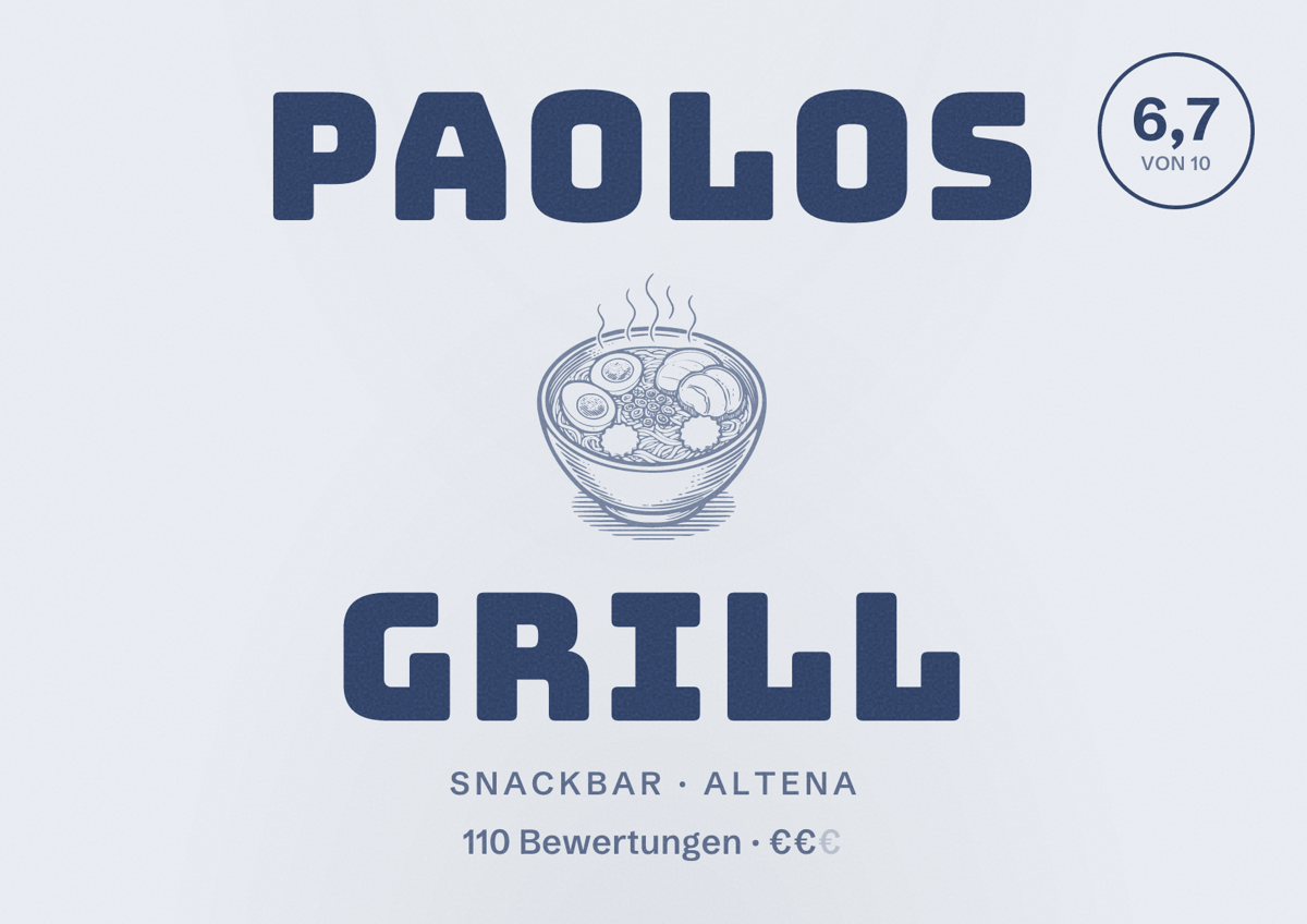 Illustriertes Poster von Paolos Grill, Snackbar in Altena: Bewertung 6,7 von 10 aus 110 Bewertungen, Preisniveau €€