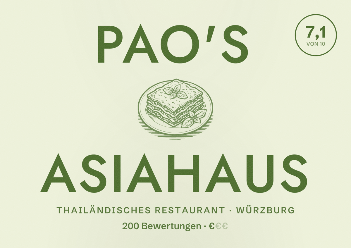 Illustriertes Poster von Pao's Asiahaus, Thailändisches Restaurant in Würzburg: Bewertung 7,1 von 10 aus 200 Bewertungen, Preisniveau €