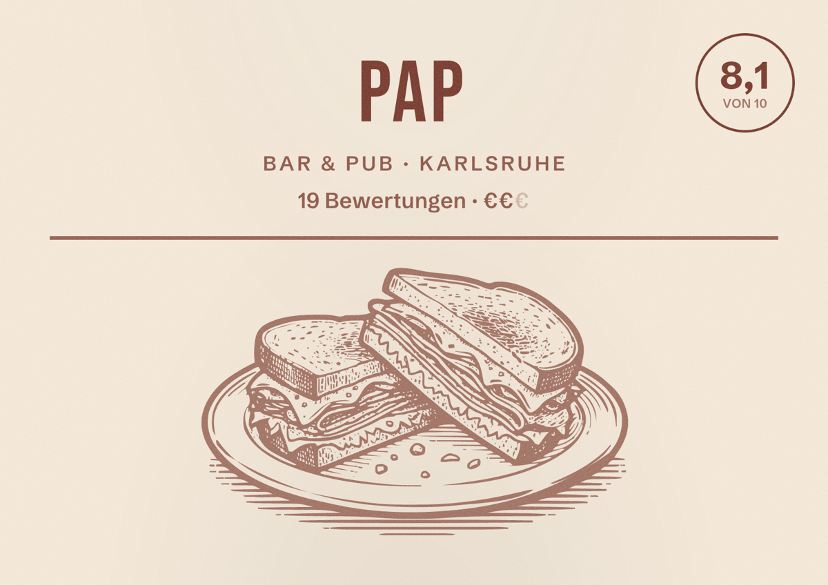 Illustriertes Poster von Pap, Bar & Pub in Karlsruhe: Bewertung 8,1 von 10 aus 19 Bewertungen, Preisniveau €€
