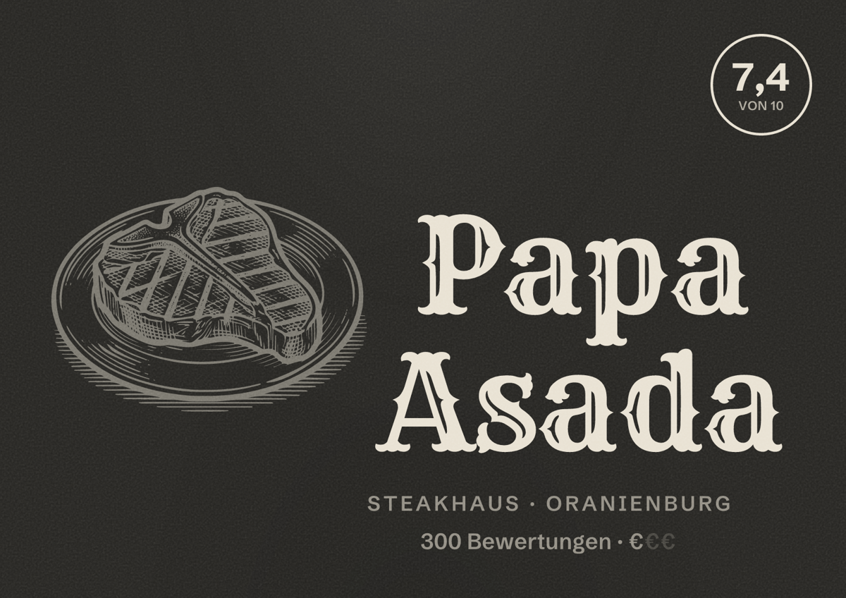 Illustriertes Poster von Papa Asada, Steakhaus in Oranienburg: Bewertung 7,4 von 10 aus 300 Bewertungen, Preisniveau €
