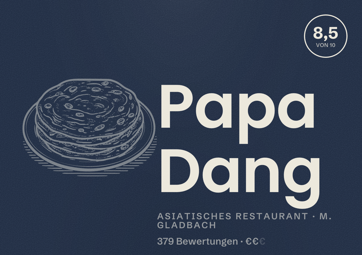 Illustriertes Poster von Papa Dang, Asiatisches Restaurant in M. Gladbach: Bewertung 8,5 von 10 aus 379 Bewertungen, Preisniveau €€