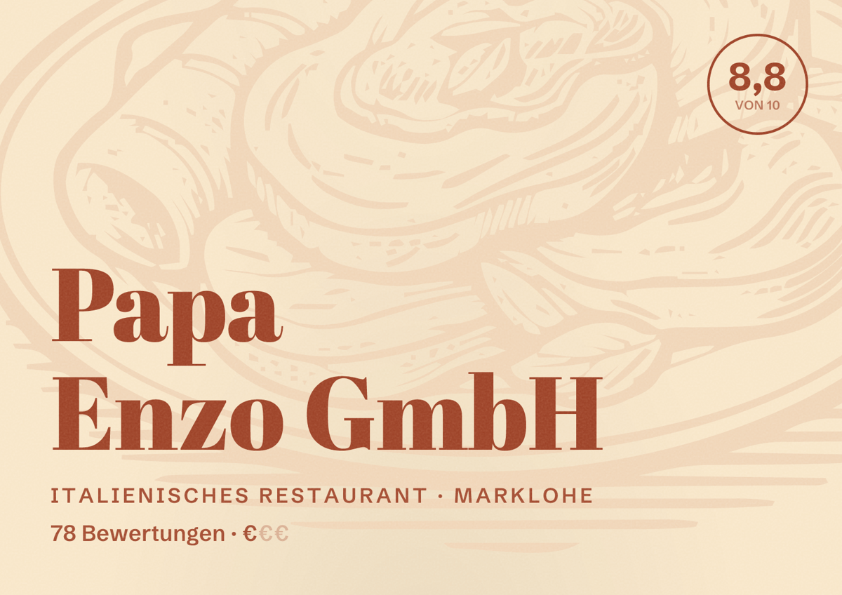 Illustriertes Poster von Papa Enzo GmbH, Italienisches Restaurant in Marklohe: Bewertung 8,8 von 10 aus 78 Bewertungen, Preisniveau €