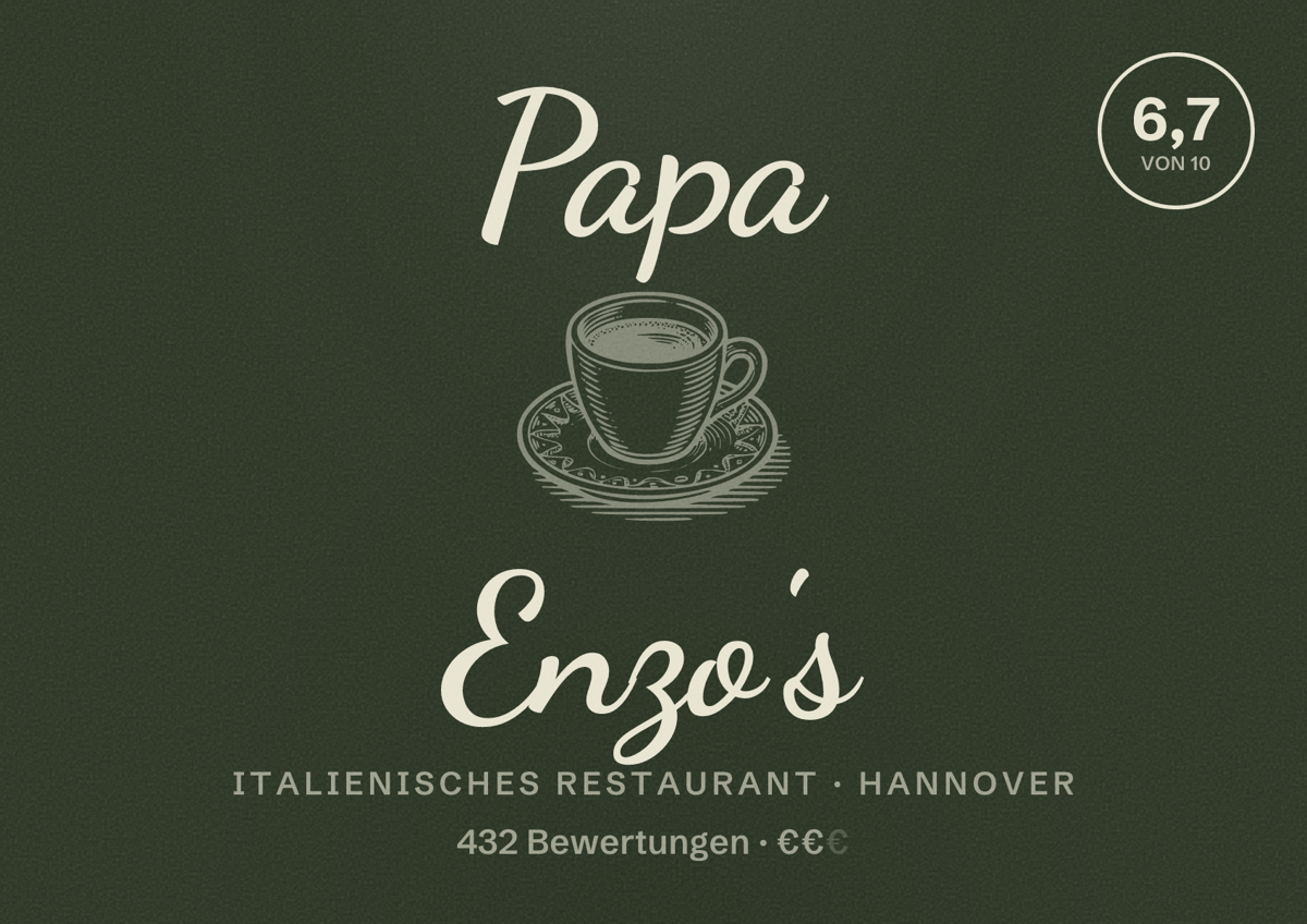 Illustriertes Poster von Papa Enzo's, Italienisches Restaurant in Hannover: Bewertung 6,7 von 10 aus 432 Bewertungen, Preisniveau €€