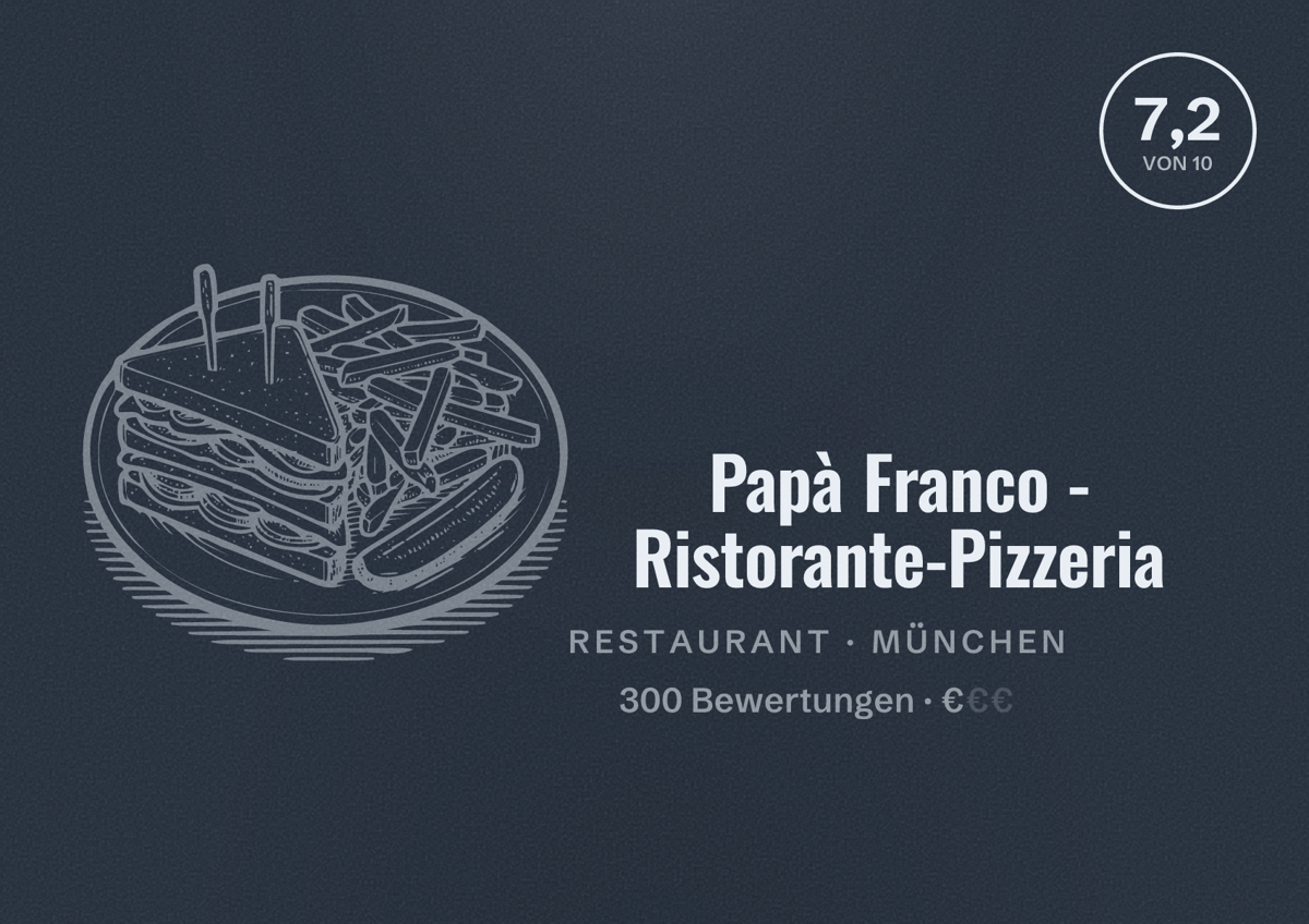 Illustriertes Poster von Papà Franco - Ristorante-Pizzeria, Restaurant in München: Bewertung 7,2 von 10 aus 300 Bewertungen, Preisniveau €