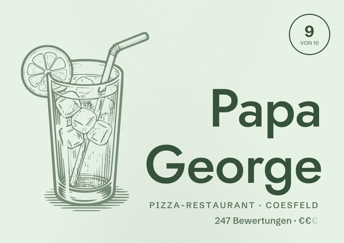 Illustriertes Poster von Papa George, Pizza-Restaurant in Coesfeld: Bewertung 9 von 10 aus 247 Bewertungen, Preisniveau €€