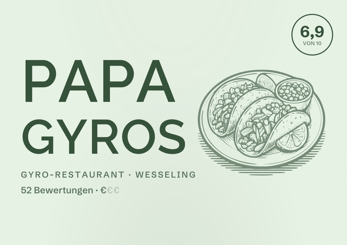 Illustriertes Poster von Papa Gyros, Gyro-Restaurant in Wesseling: Bewertung 6,9 von 10 aus 52 Bewertungen, Preisniveau €