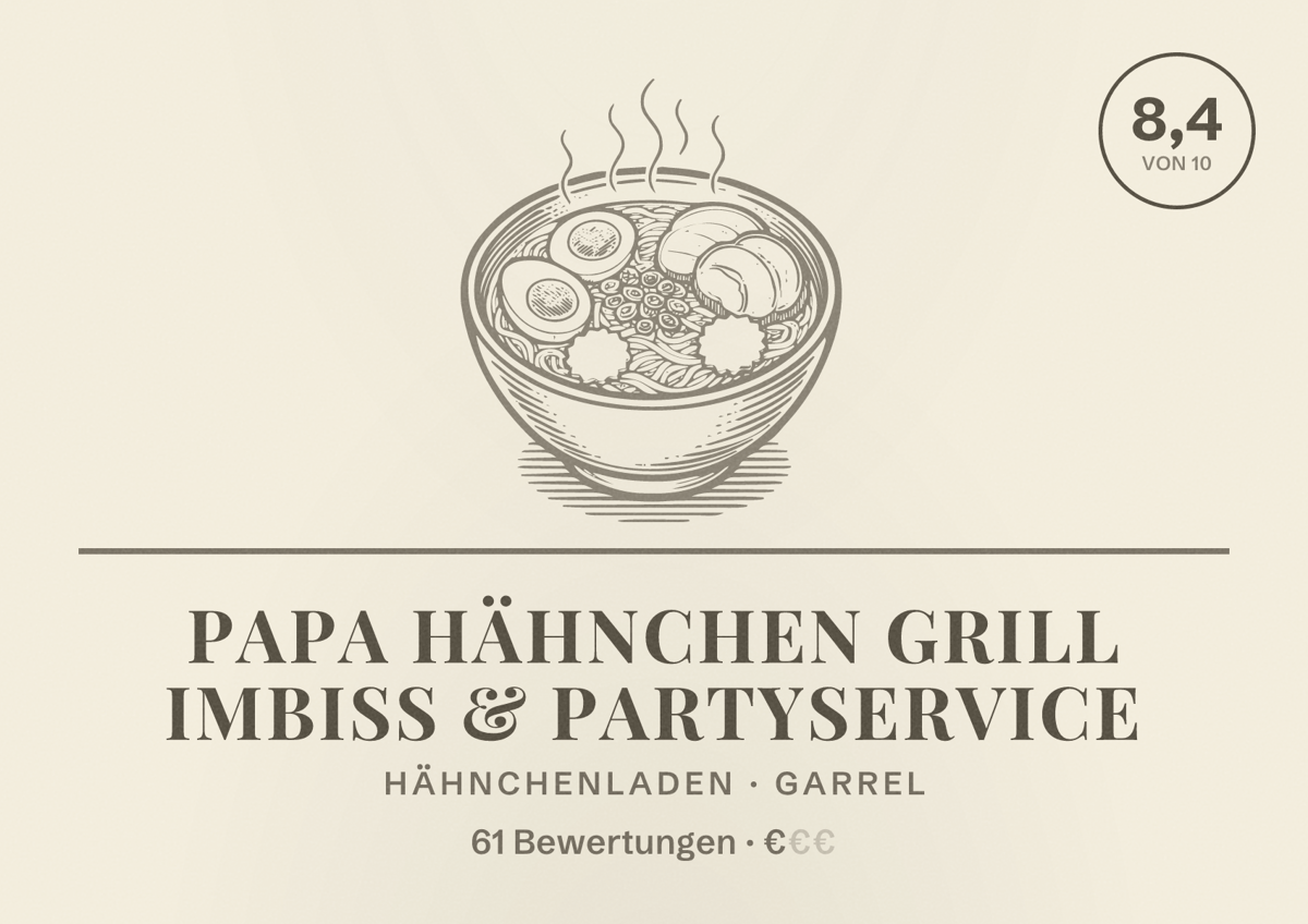 Illustriertes Poster von Papa Hähnchen Grill Imbiss & Partyservice, Hähnchenladen in Garrel: Bewertung 8,4 von 10 aus 61 Bewertungen, Preisniveau €