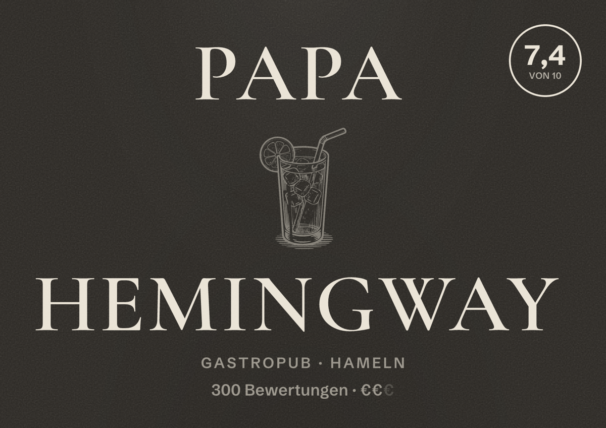 Illustriertes Poster von Papa Hemingway, Gastropub in Hameln: Bewertung 7,4 von 10 aus 300 Bewertungen, Preisniveau €€