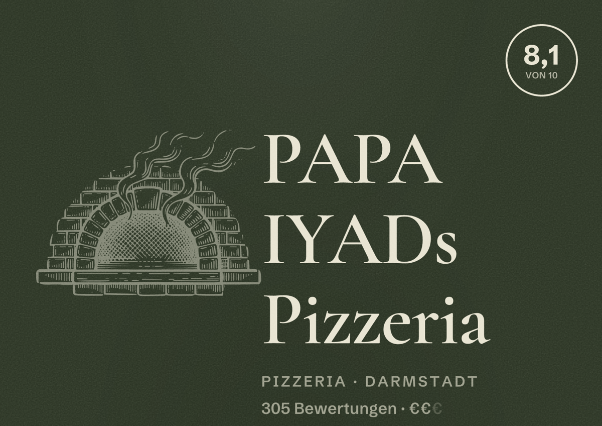 Illustriertes Poster von PAPA IYADs Pizzeria, Pizzeria in Darmstadt: Bewertung 8,1 von 10 aus 305 Bewertungen, Preisniveau €€