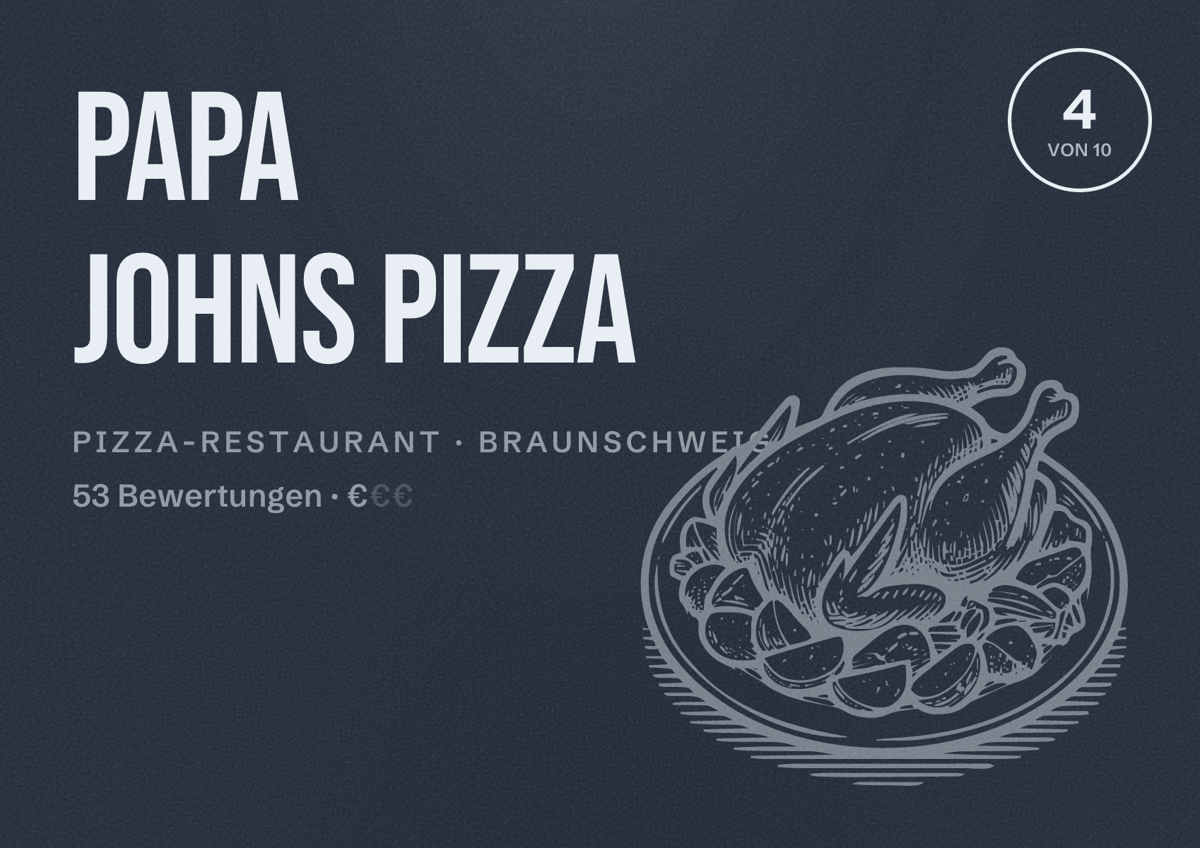 Illustriertes Poster von Papa Johns Pizza, Pizza-Restaurant in Braunschweig: Bewertung 4 von 10 aus 53 Bewertungen, Preisniveau €