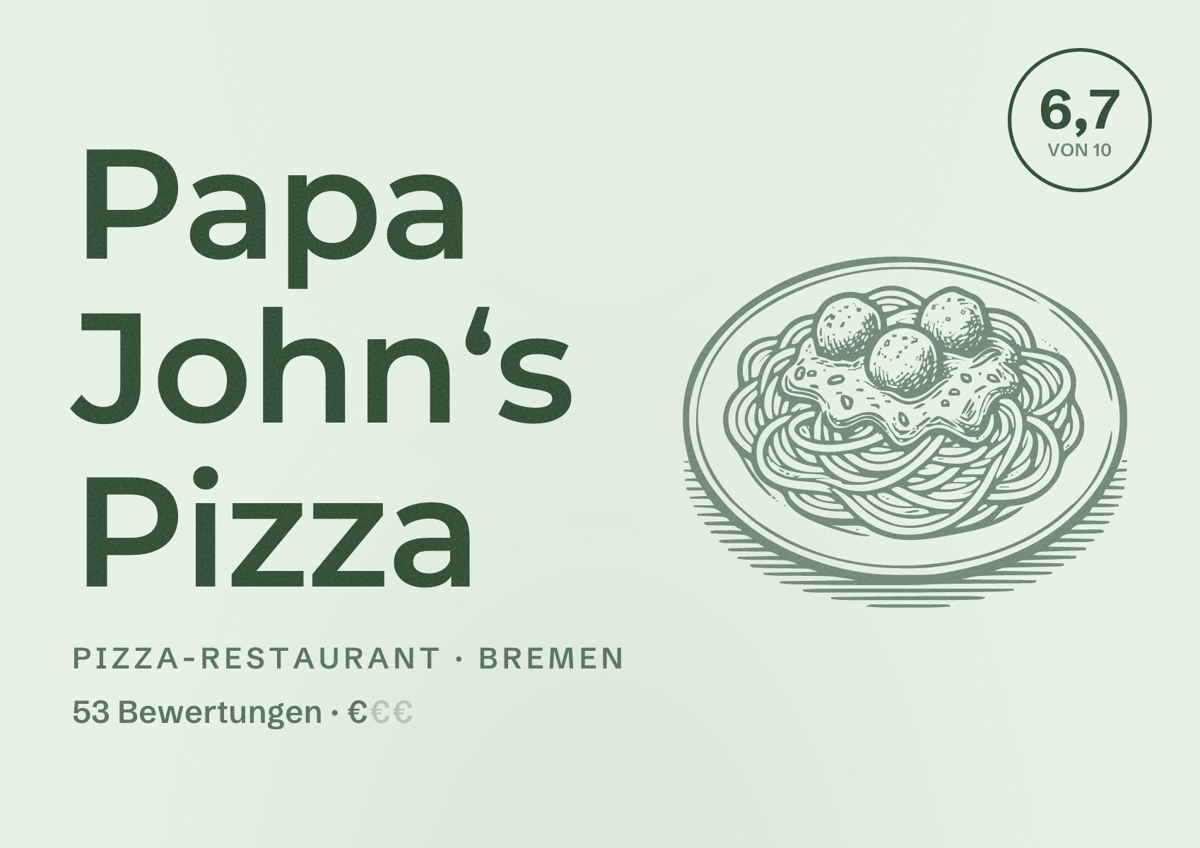 Illustriertes Poster von Papa John‘s Pizza, Pizza-Restaurant in Bremen: Bewertung 6,7 von 10 aus 53 Bewertungen, Preisniveau €