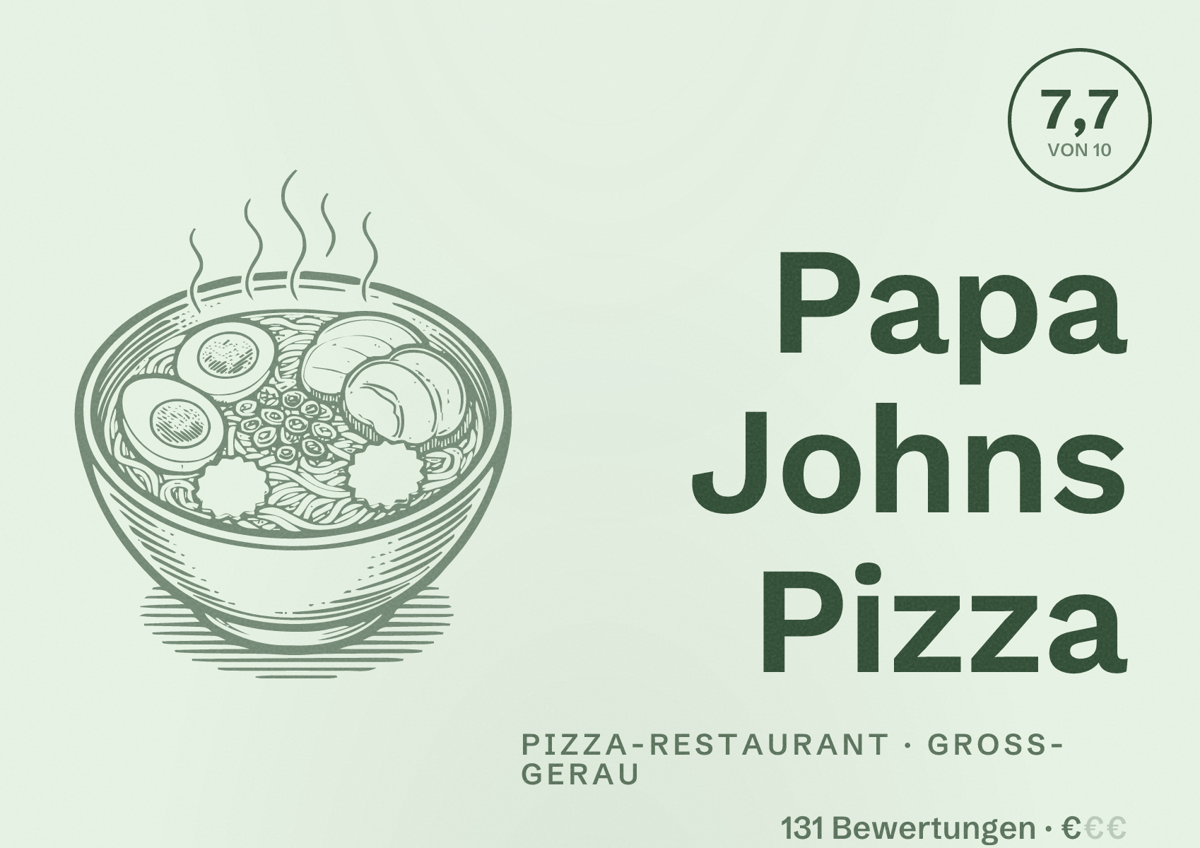 Illustriertes Poster von Papa Johns Pizza, Pizza-Restaurant in Groß-Gerau: Bewertung 7,7 von 10 aus 131 Bewertungen, Preisniveau €