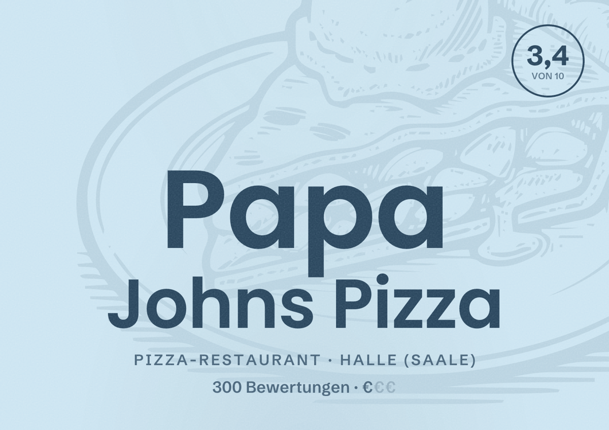 Illustriertes Poster von Papa Johns Pizza, Pizza-Restaurant in Halle (Saale): Bewertung 3,4 von 10 aus 300 Bewertungen, Preisniveau €