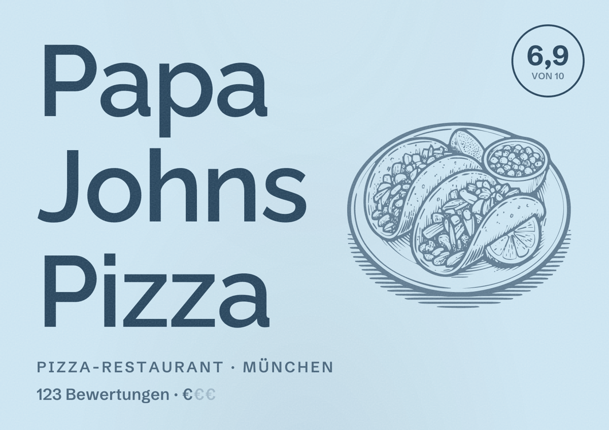 Illustriertes Poster von Papa Johns Pizza, Pizza-Restaurant in München: Bewertung 6,9 von 10 aus 123 Bewertungen, Preisniveau €