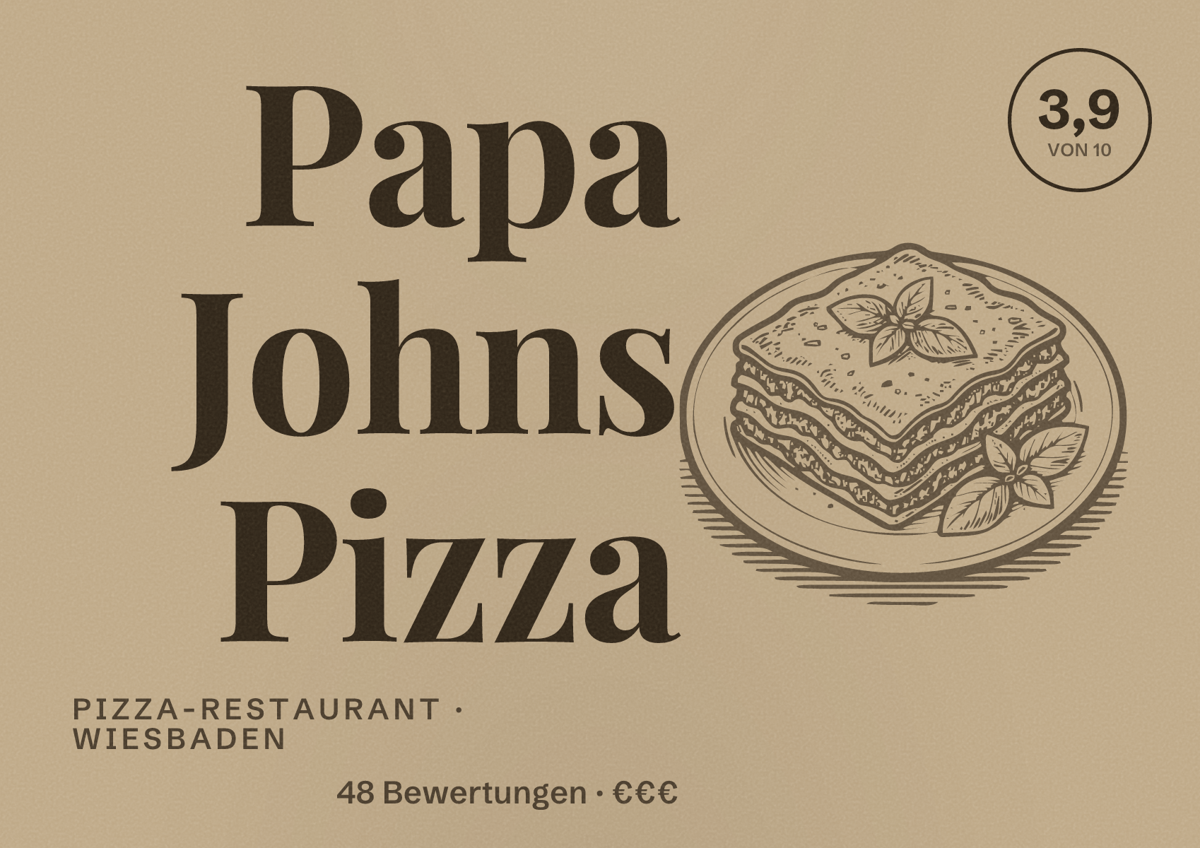 Illustriertes Poster von Papa Johns Pizza, Pizza-Restaurant in Wiesbaden: Bewertung 3,9 von 10 aus 48 Bewertungen, Preisniveau €€€