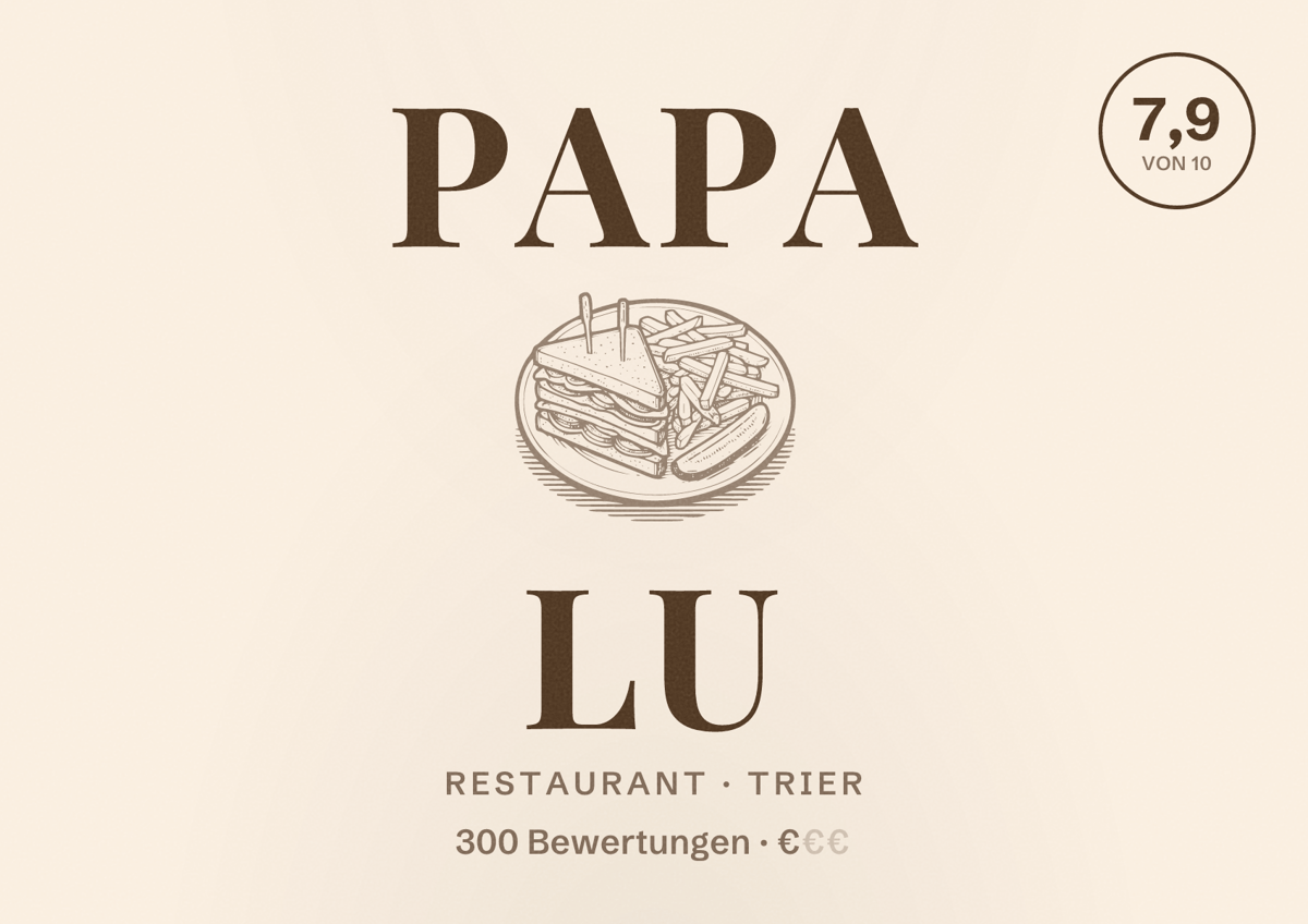 Illustriertes Poster von Papa Lu, Restaurant in Trier: Bewertung 7,9 von 10 aus 300 Bewertungen, Preisniveau €